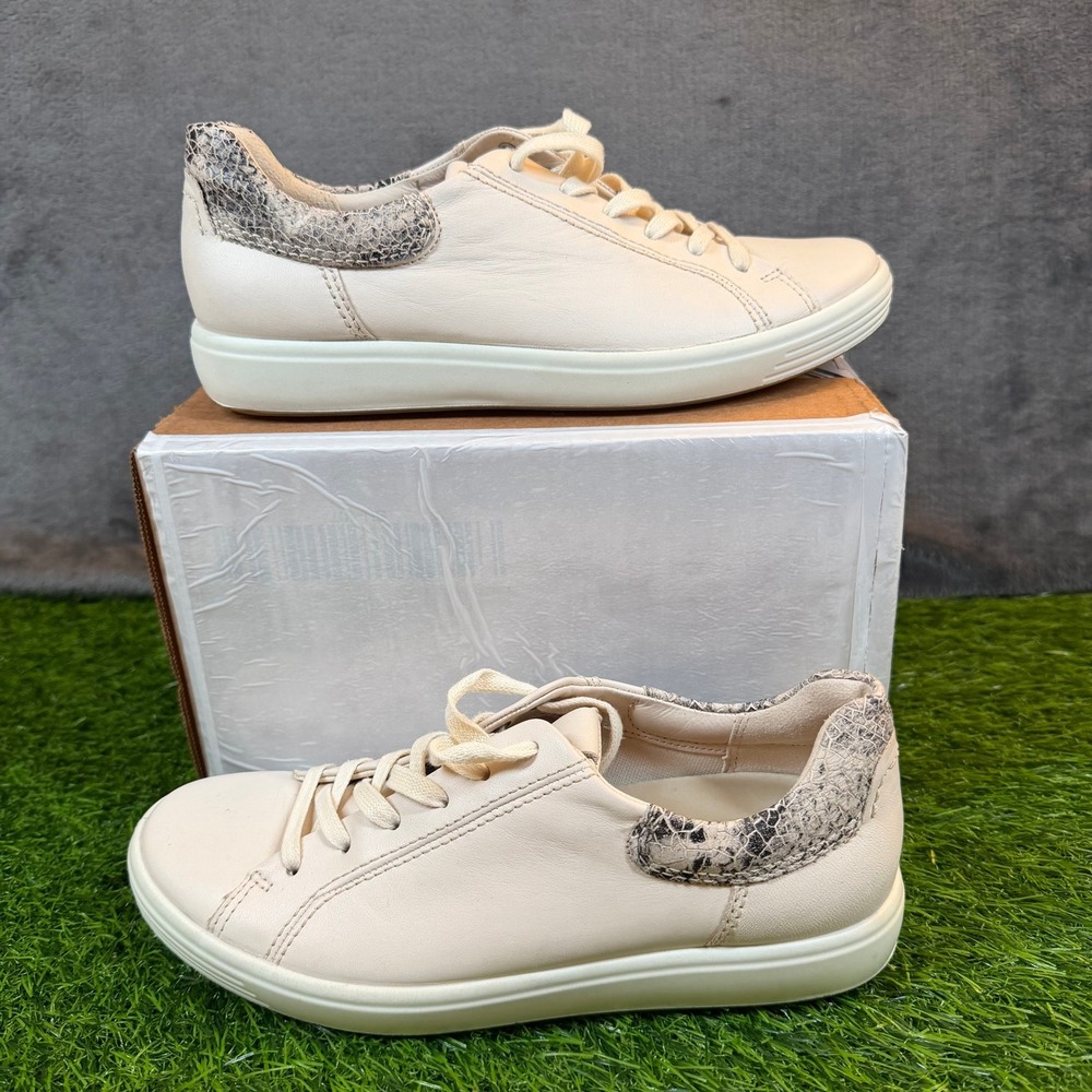 ECCO Soft 7 Sneaker Womens US 6-6.5 / EU 37 Beige Leather Snakeskin Trim Lace Up